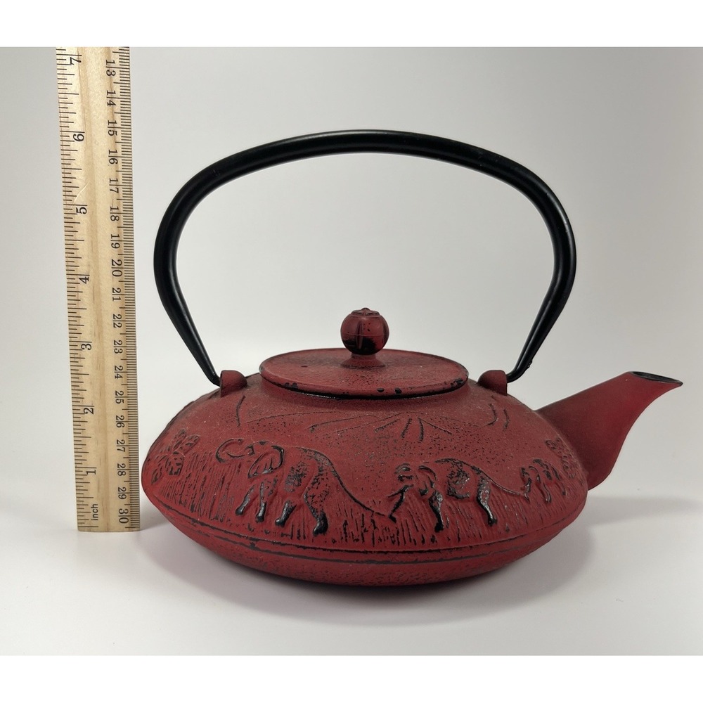 Japanese Teapot Red Cast Iron Asian Elephants Enameled Tetsubin Tetsu Tea Pot - Picture 10 of 11